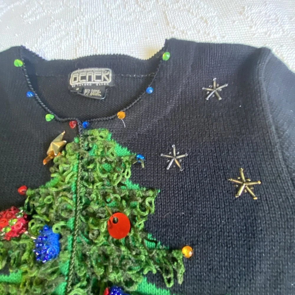 Berek 2 Sweater Christmas Tree 3D Sz S VTG Takako Saxon‎ Black Button Down Front